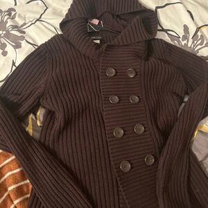 80) Hooded double button Mingle brown sweater size large